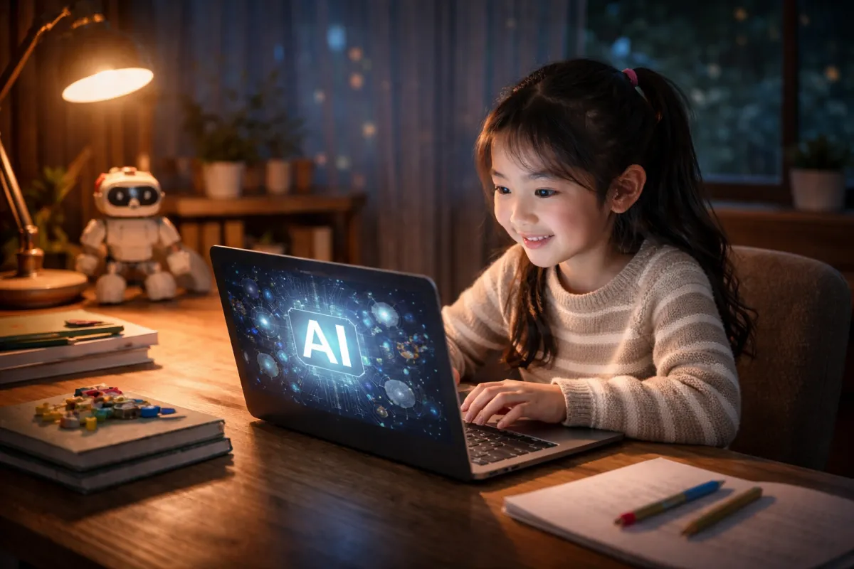 A child interacting with a tablet