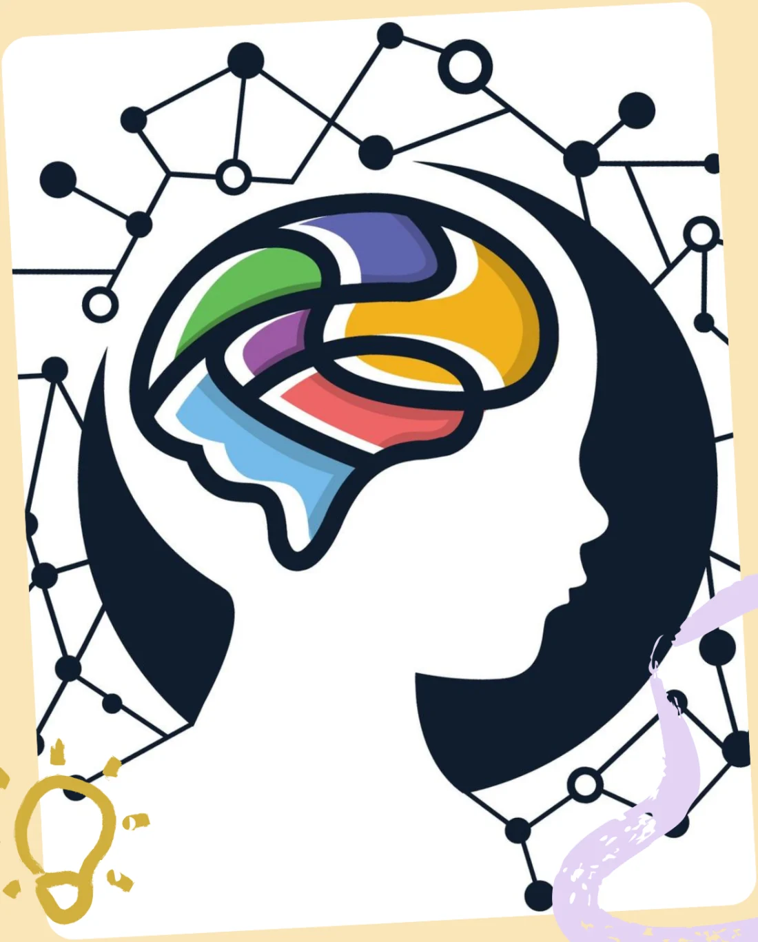 Illustration of a child's head with a colorful brain and neural network